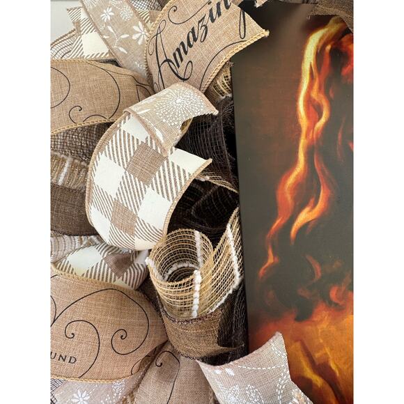 Everyay Year Round Neutral Color Jesus Mesh Ribbon Wreath Front Door Hanger - Picture 6 of 9